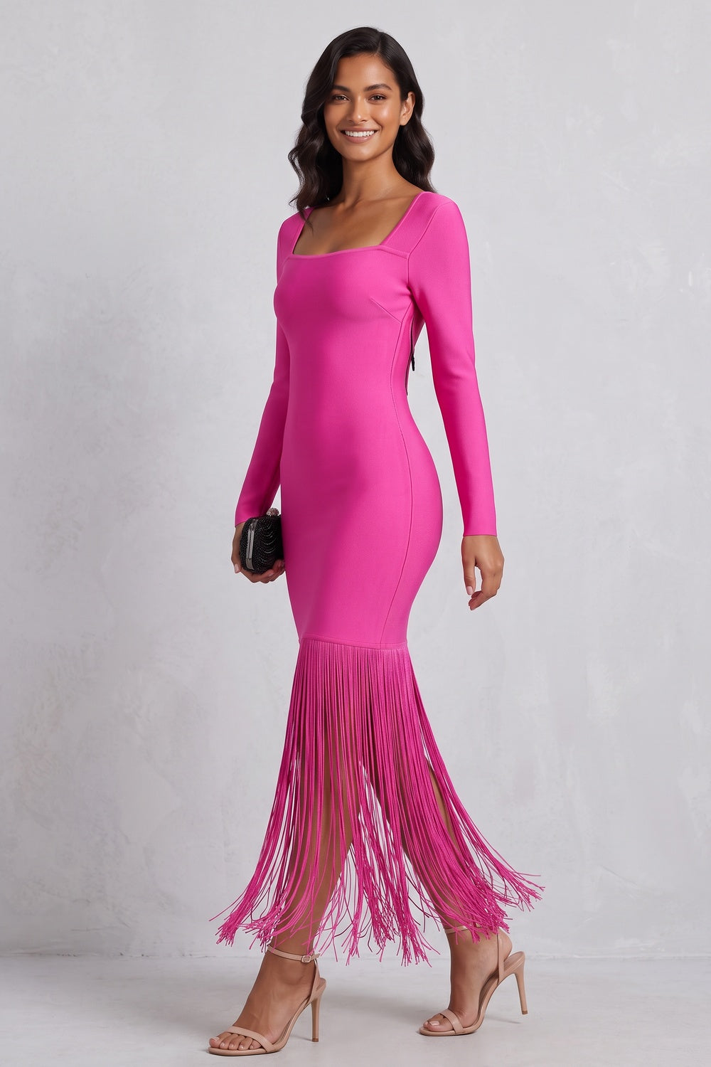 51eb4ff0cab3028e PINK FRINGE MIDI DRESS LONG SLEEVE COCKTAIL