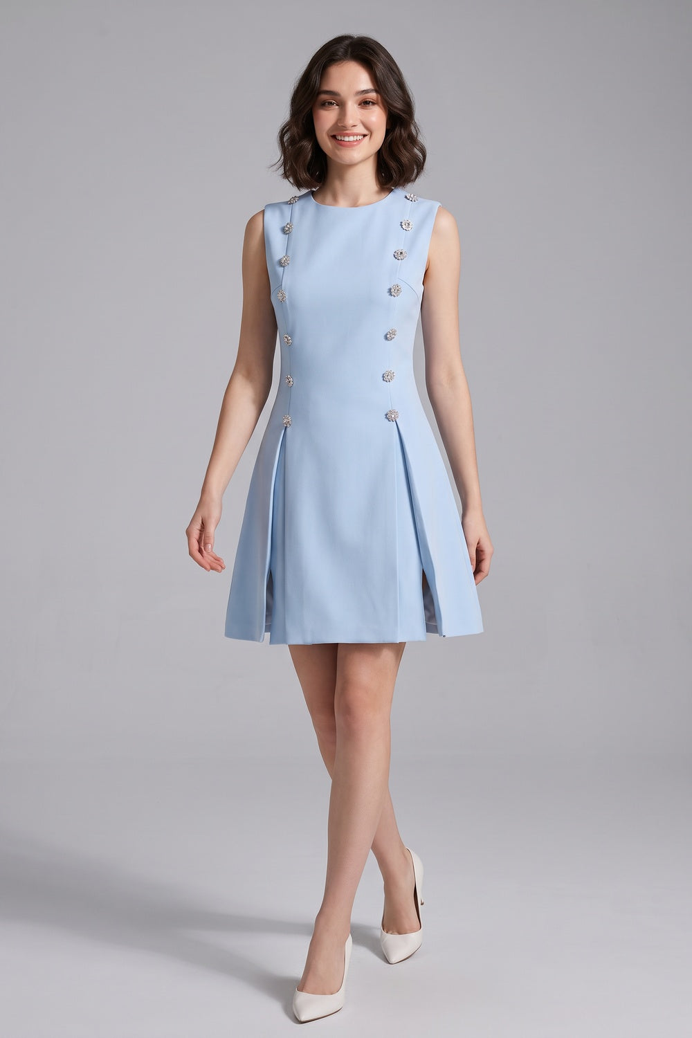 537cb6f026055267 LIGHT BLUE A-LINE SHIFT DRESS – STRUCTURED CREPE