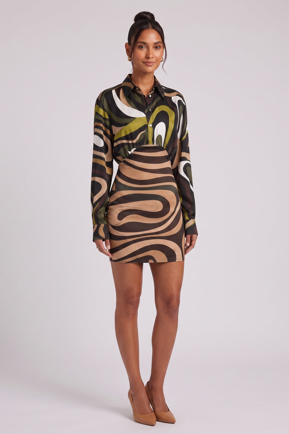 538653130f88d576 OLIVE SATIN BLOUSON MINI DRESS – FITTED SHIRT SILHOUETTE