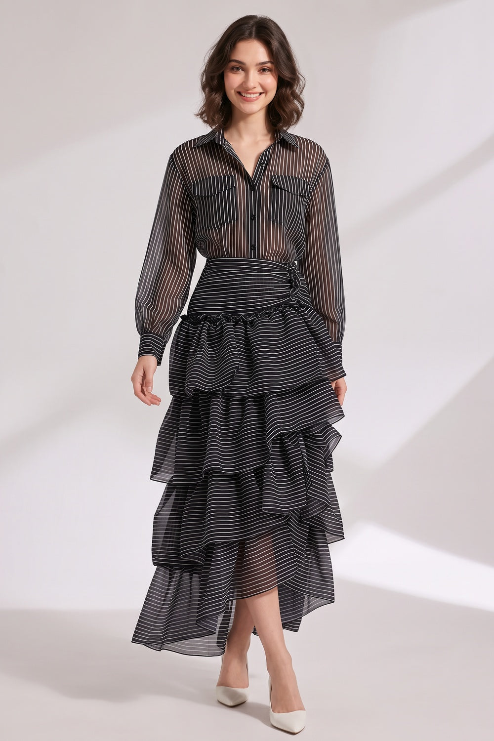 561a0d07e73025cb BLACK SHEER ORGANZA FITTED TOP & TIERED MAXI SKIRT SET