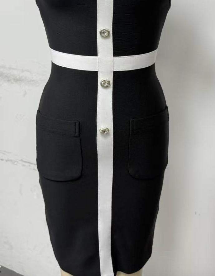 BLACK SHEATH DRESS WHITE PANEL WORK OFFICE