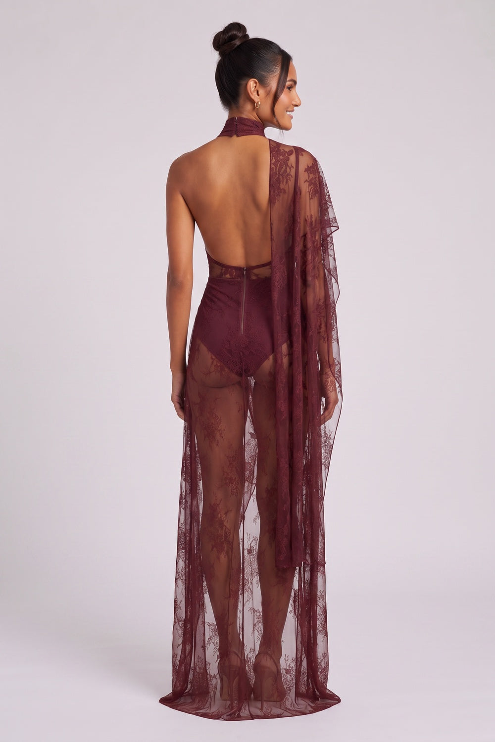 574e399184d799ef BURGUNDY SHEER LACE ASYMMETRIC COLUMN EVENING GOWN