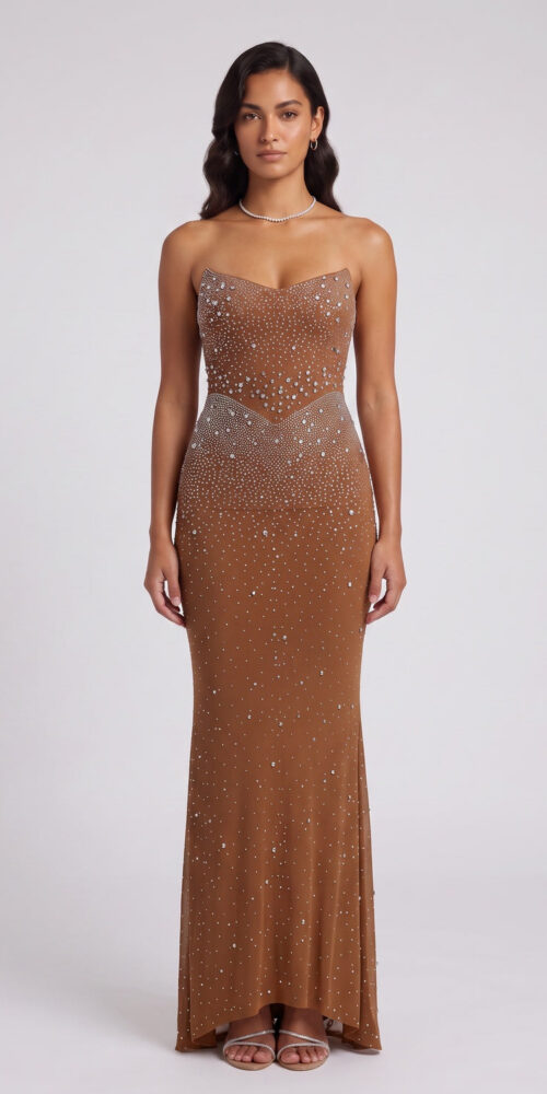 57ab423aaf96c494 BROWN MESH COLUMN GOWN CRYSTAL FORMAL EVENING