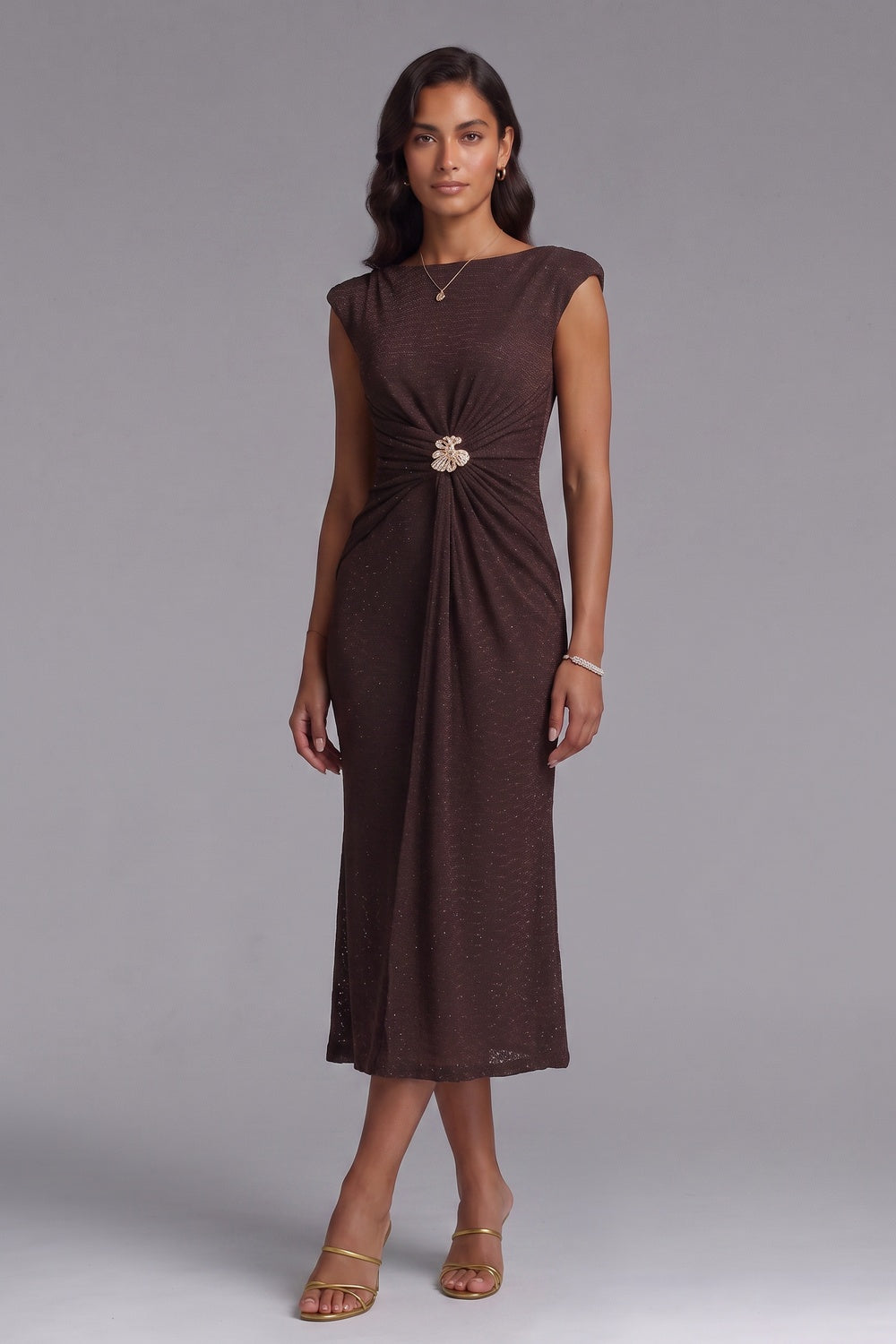 57e4882f7647c440 BROWN KNIT SHEATH DRESS WITH BROOCH – OFFICE TO EVENING