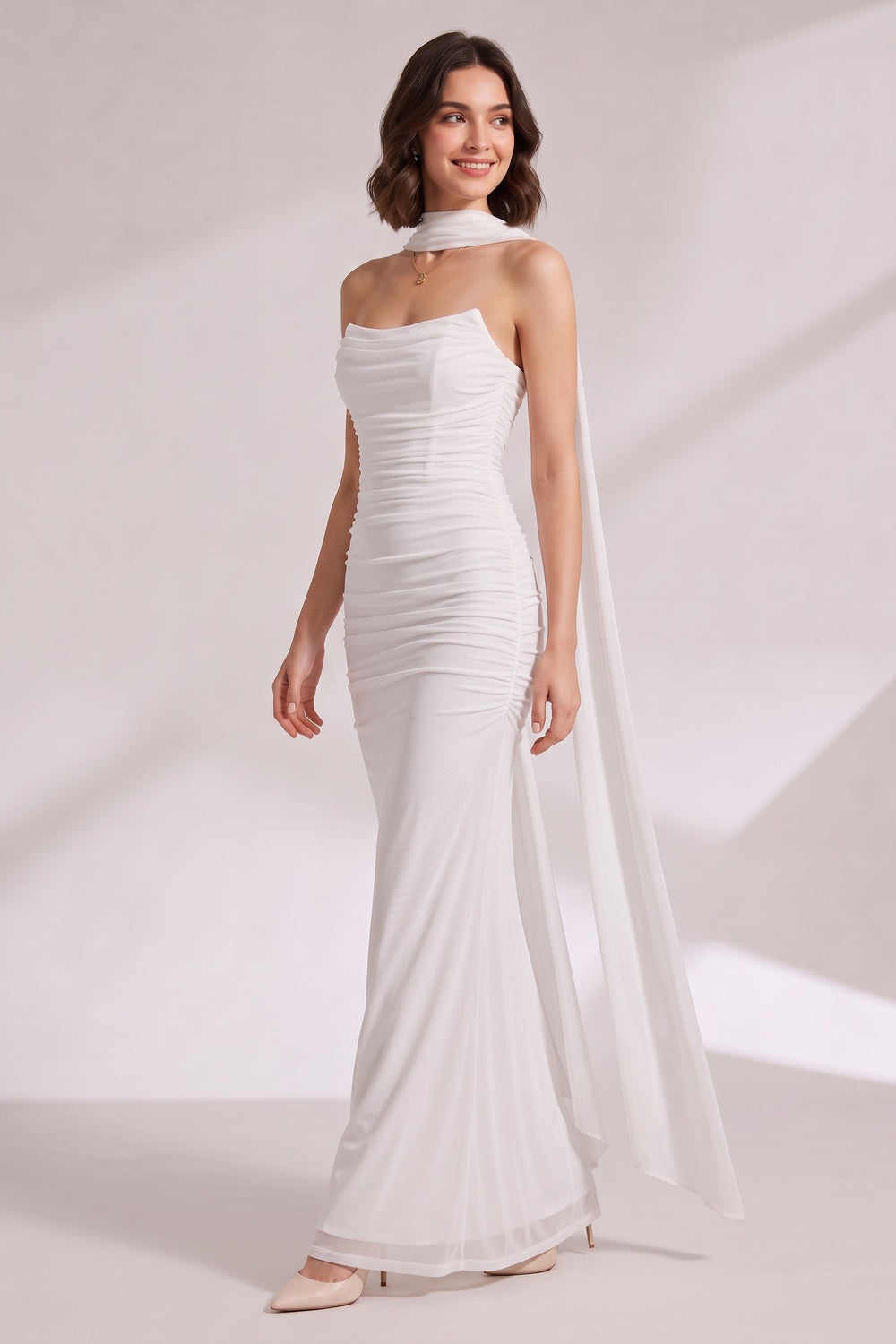 58c71f2935cf6d2f WHITE RUCHED MESH COLUMN EVENING GOWN