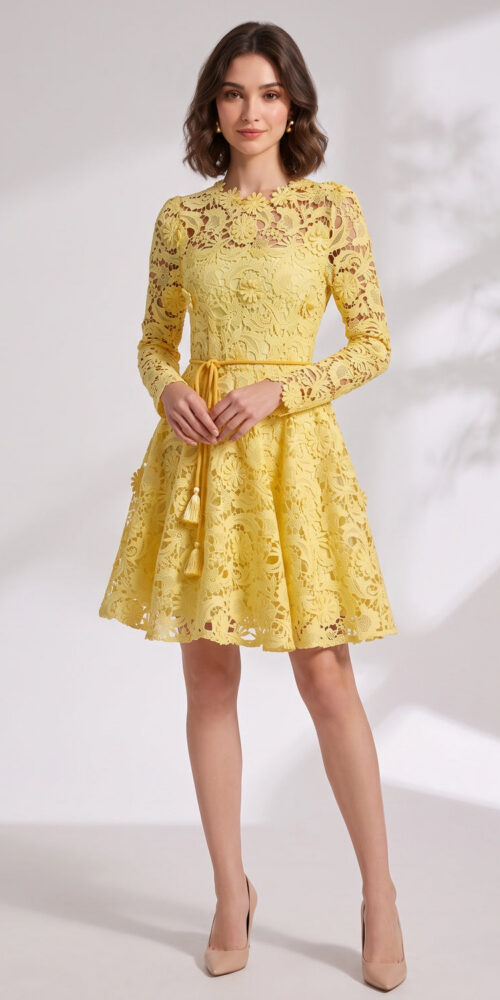 58e8499ddce31623 YELLOW LACE FIT-AND-FLARE COCKTAIL DRESS