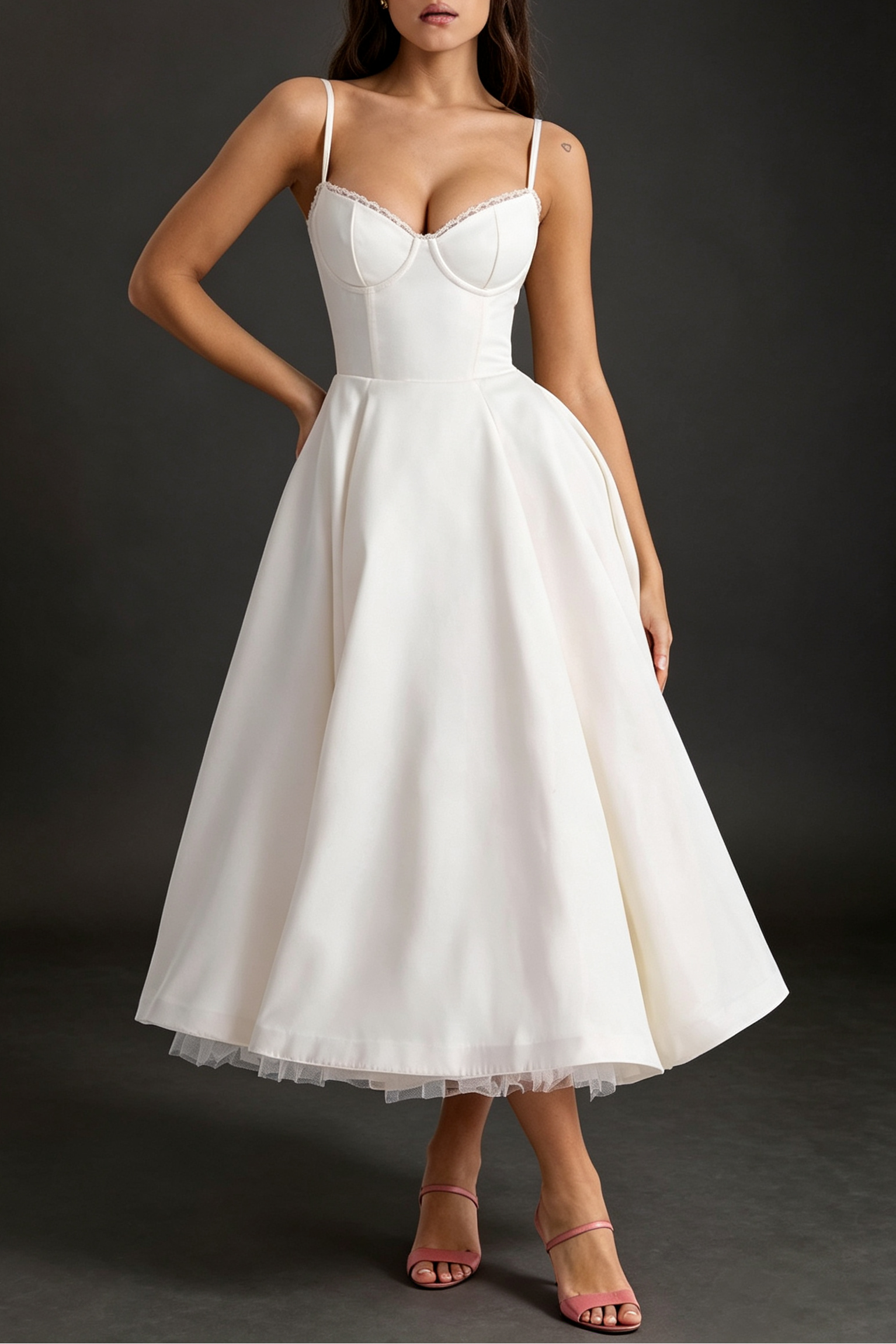 5_1248fa25-a531-4ab9-8464-176a56aa3d56 IVORY SATIN MIDI FIT-AND-FLARE WEDDING GUEST DRESS