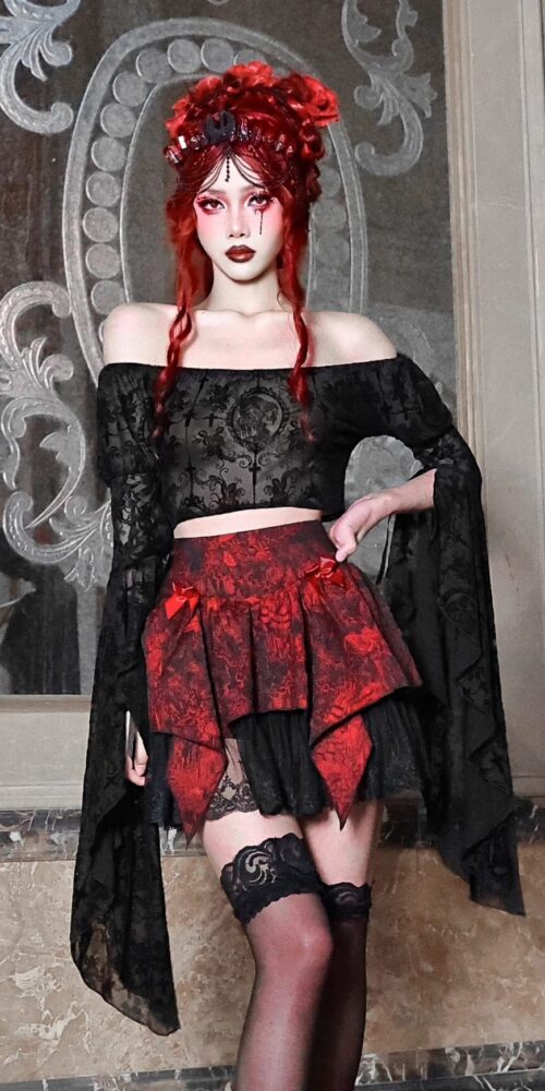 GOTHIC OFF-SHOULDER LACE MESH BELL SLEEVE BLOUSE