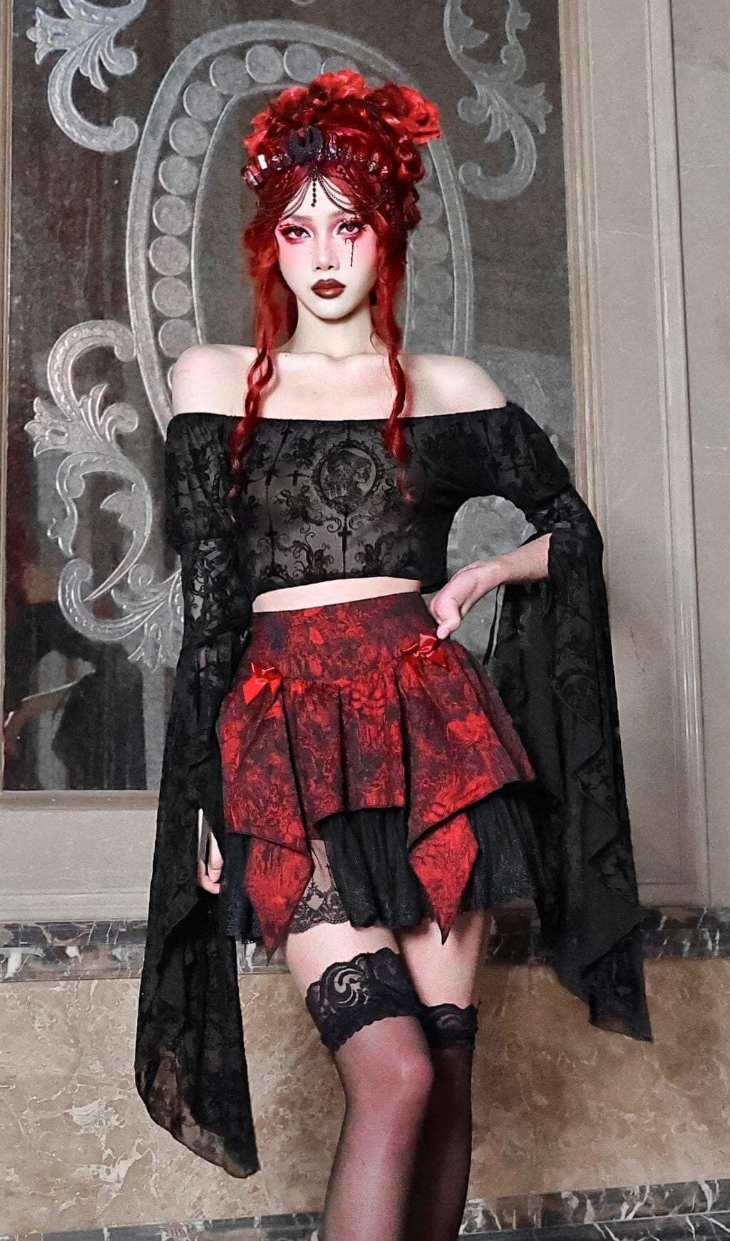 5_89db5341-3fdb-45b2-bd3d-df14055db816 GOTHIC OFF-SHOULDER LACE MESH BELL SLEEVE BLOUSE