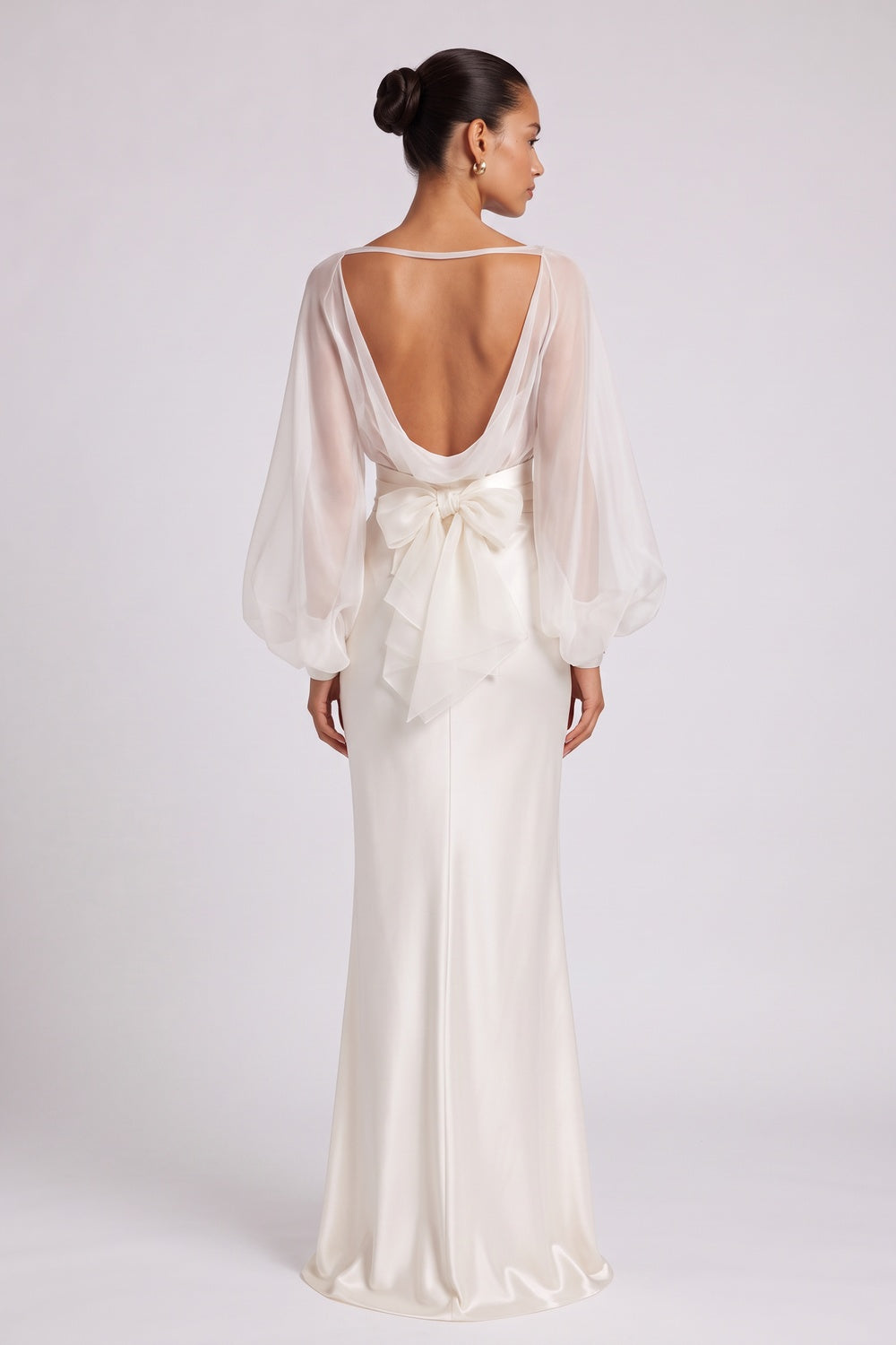 5ac7e7d7543255c5 IVORY SILK SATIN COLUMN GOWN WITH FLARED HEM