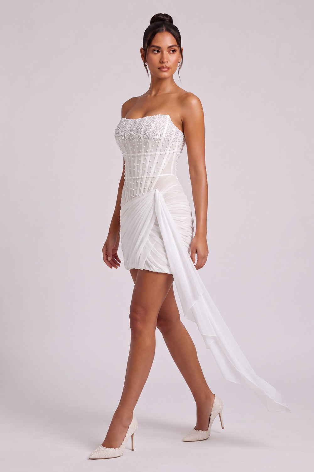 WHITE CORSET MINI DRESS – FITTED CREPE PARTY STYLE