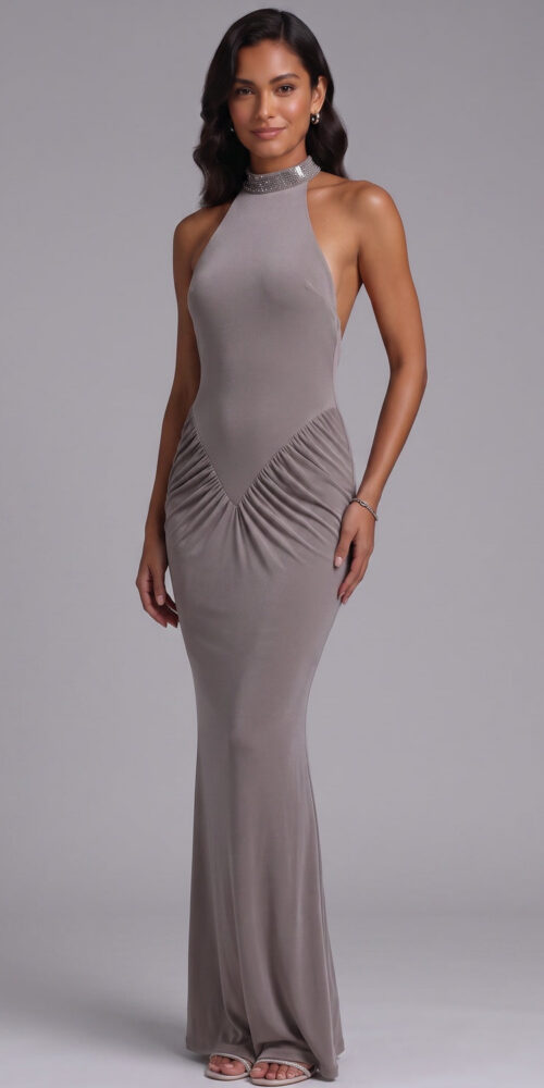 TAUPE STRETCH JERSEY COLUMN EVENING GOWN