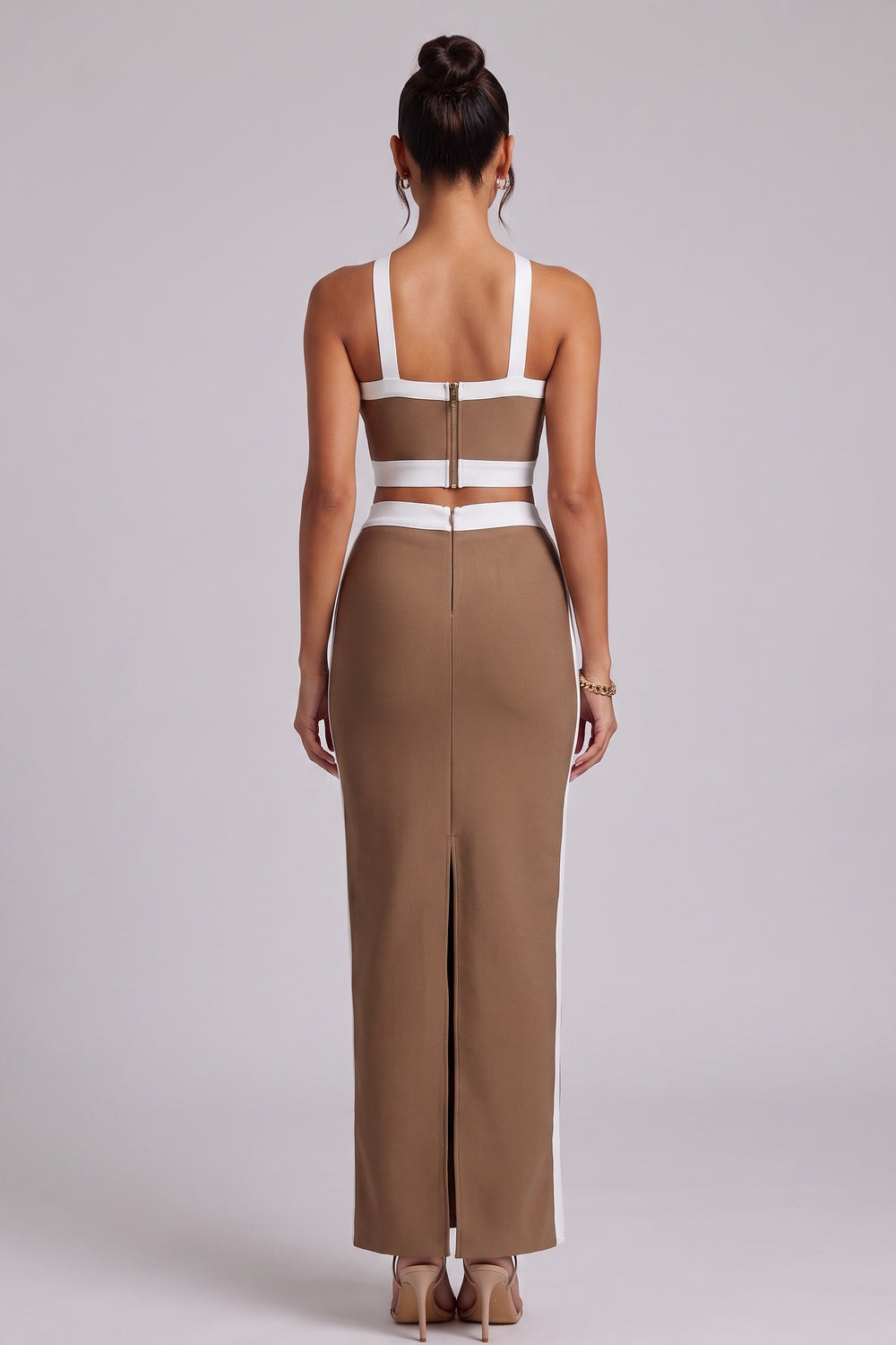 5e117e2a0f9feb8e BROWN KNIT HALTER TWO-PIECE SET MAXI SKIRT