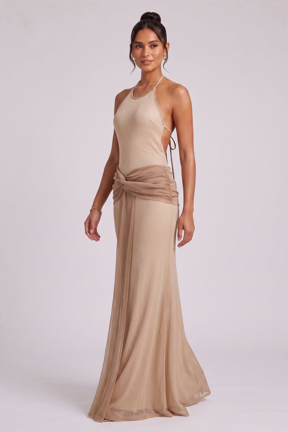5e4e2f8168fbc2d7 BEIGE STRETCH KNIT COLUMN EVENING GOWN