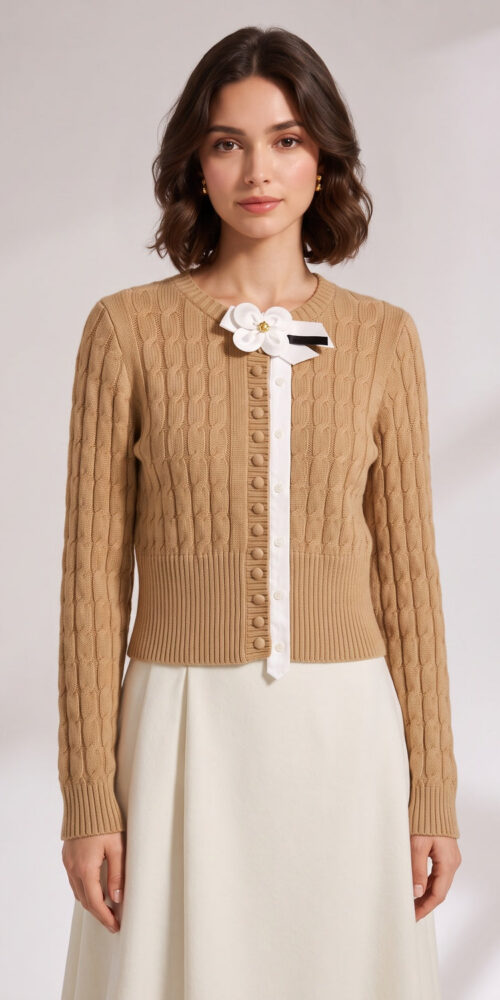 BEIGE CROPPED FITTED CARDIGAN - CASUAL KNIT STYLE