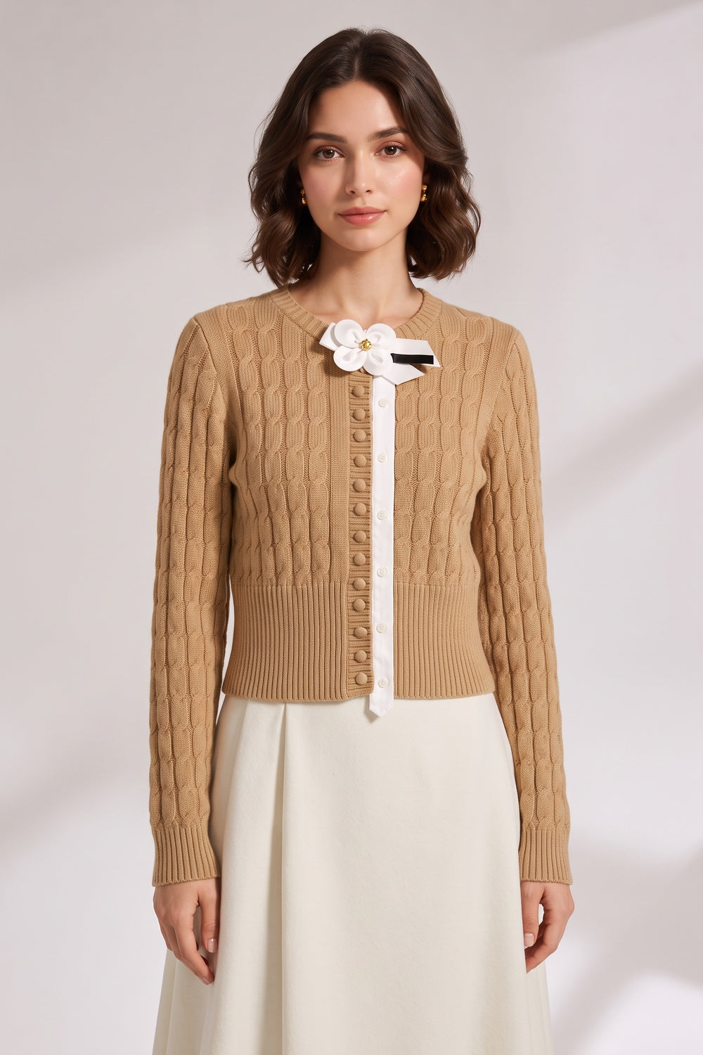 5eca9afdd580662a BEIGE CROPPED FITTED CARDIGAN - CASUAL KNIT STYLE