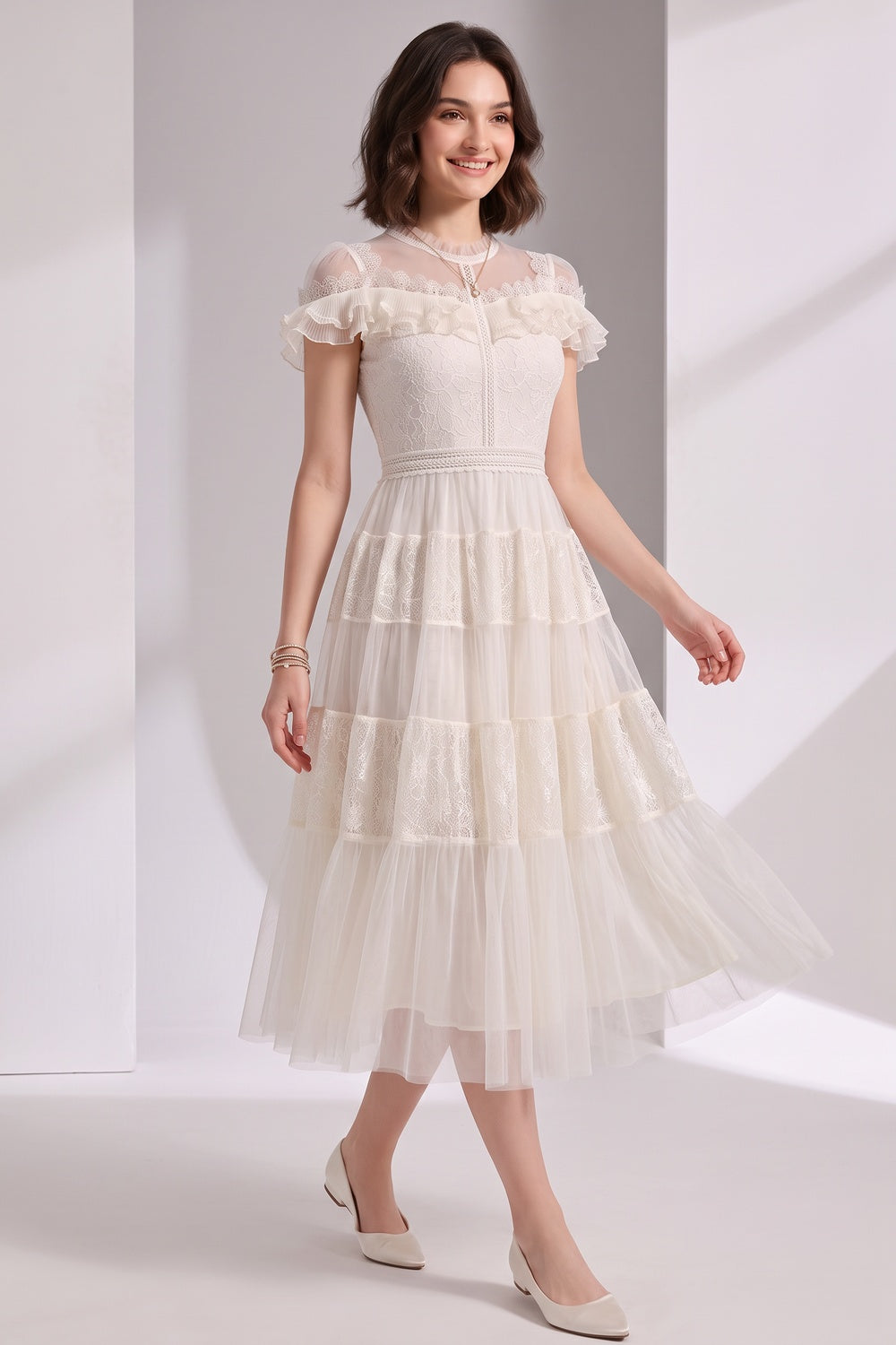5f67f6ead1b619a7 IVORY LACE TULLE FIT-AND-FLARE A-LINE MIDI DRESS