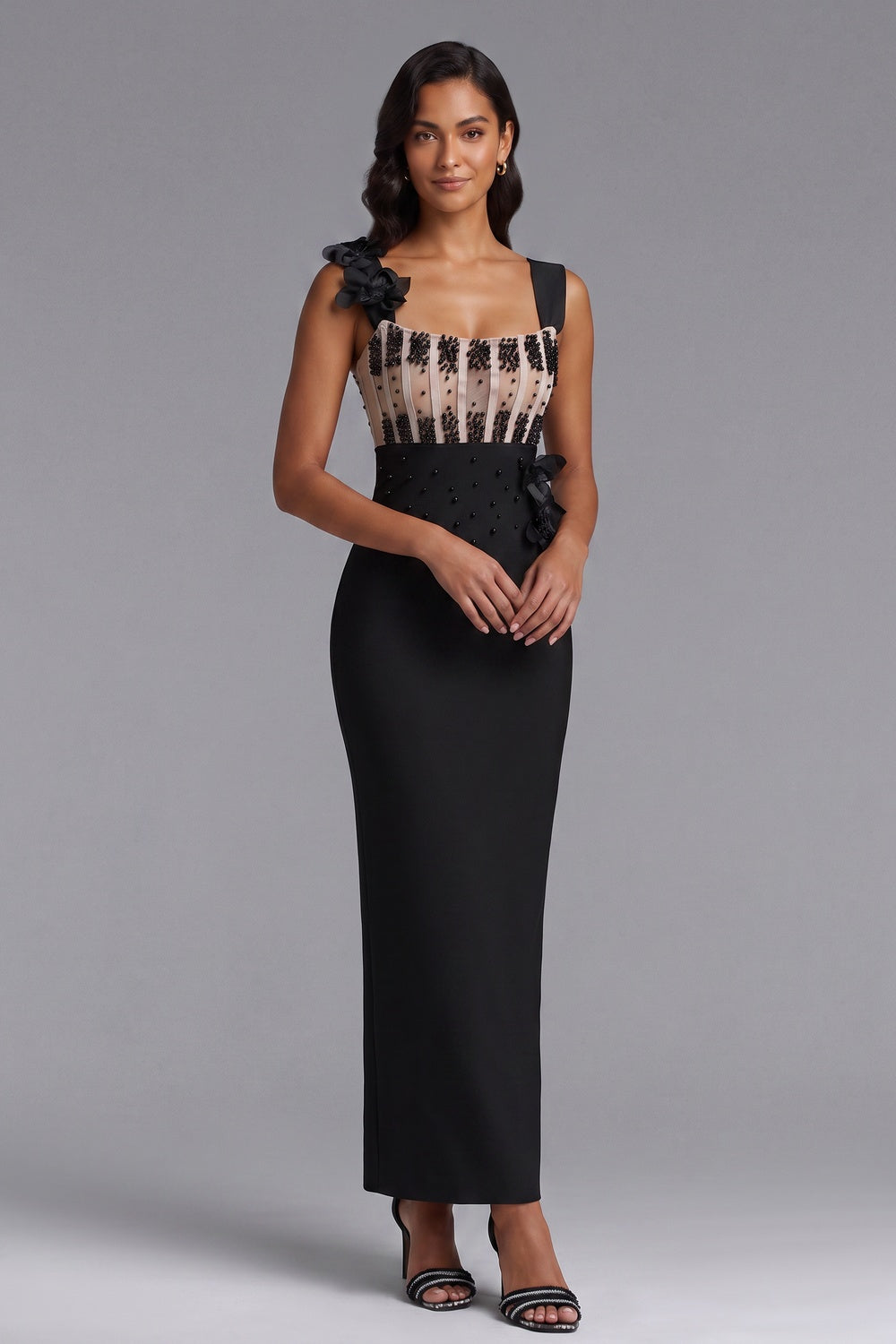 603e29b42091e4c5 BLACK CREPE COLUMN EVENING GOWN BEADED FORMAL DRESS