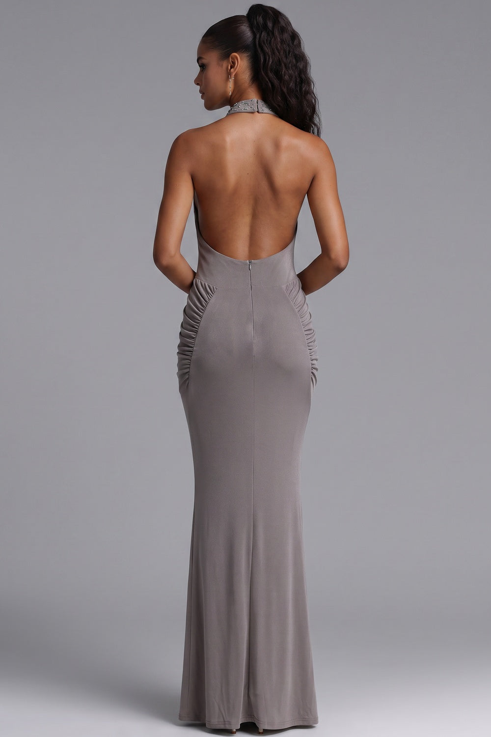 60888f8155e1e08c TAUPE STRETCH JERSEY COLUMN EVENING GOWN
