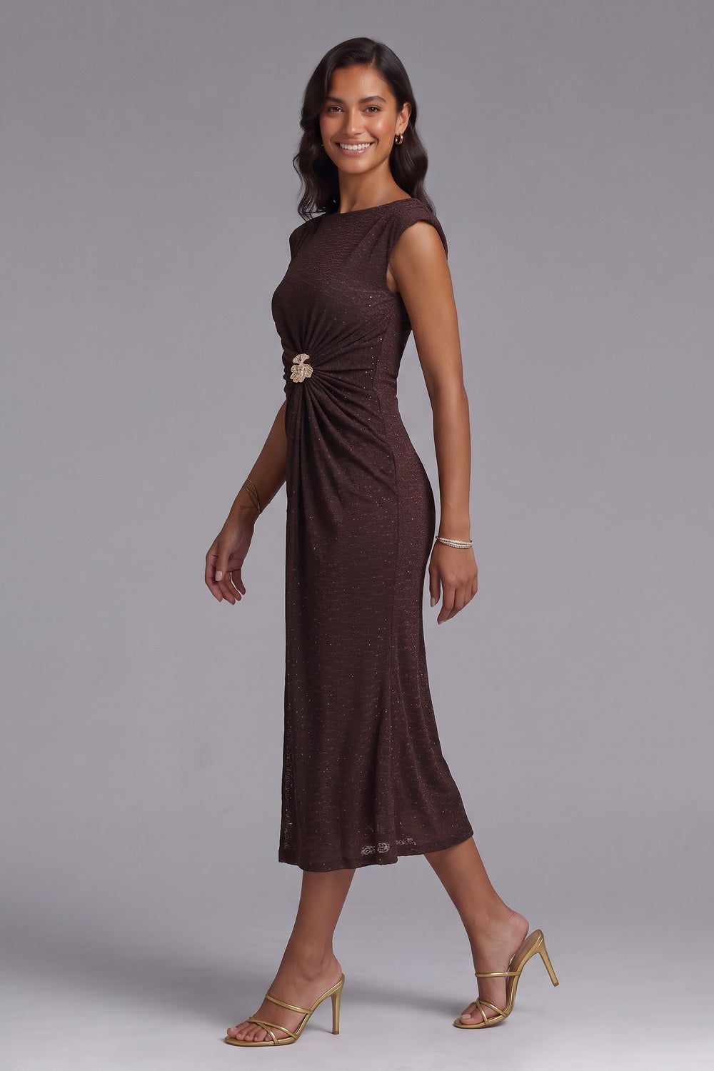 60e312ab3ab56fa7 BROWN KNIT SHEATH DRESS WITH BROOCH – OFFICE TO EVENING
