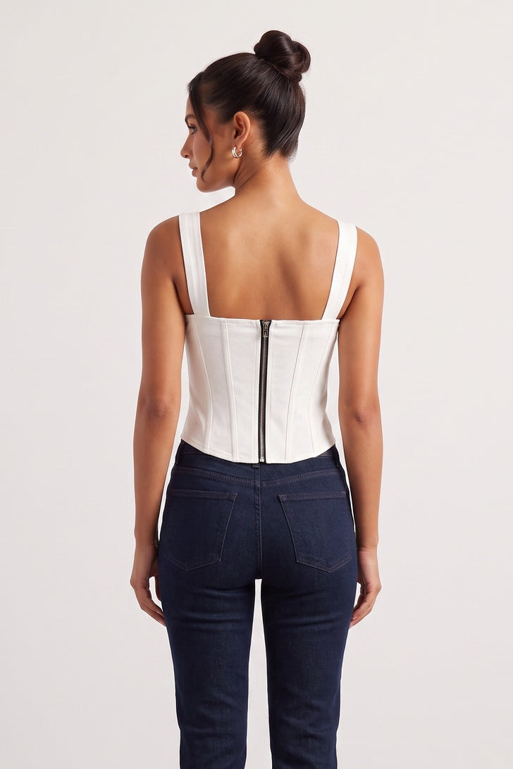 6114c313279d60c3 WHITE CORSET BUSTIER TOP PEARL NECKTIE FORMAL