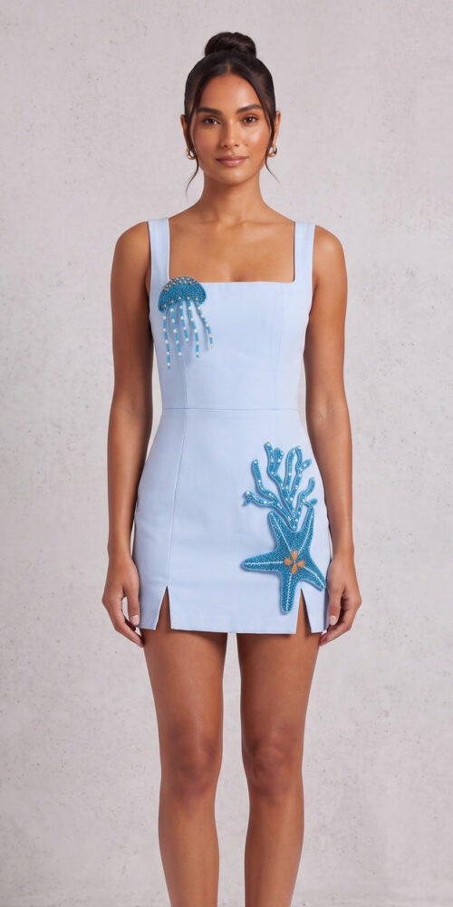 LIGHT BLUE FITTED A-LINE MINI DRESS | COCKTAIL