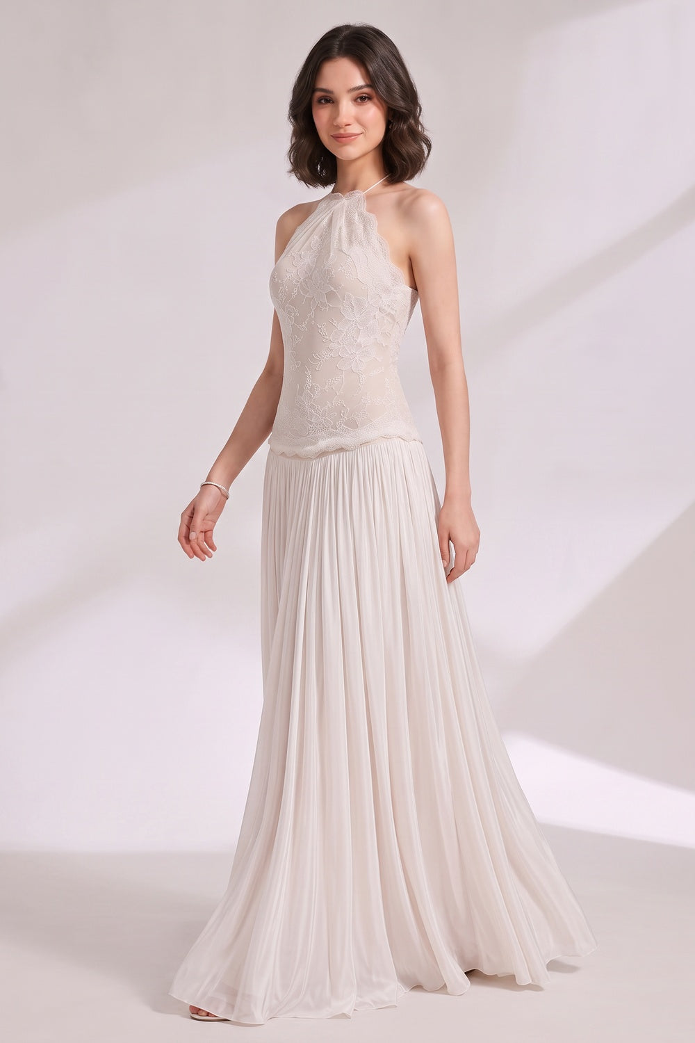 61d56ff6581f55e5 IVORY CHIFFON A-LINE DROP-WAIST WEDDING GOWN
