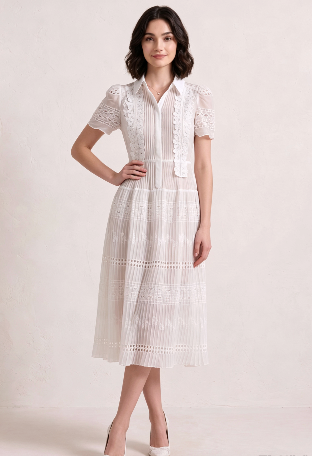 620f253deb56d8c50a34107a3f3a16fa WHITE PLEATED LACE MIDI DRESS – WEDDING GUEST