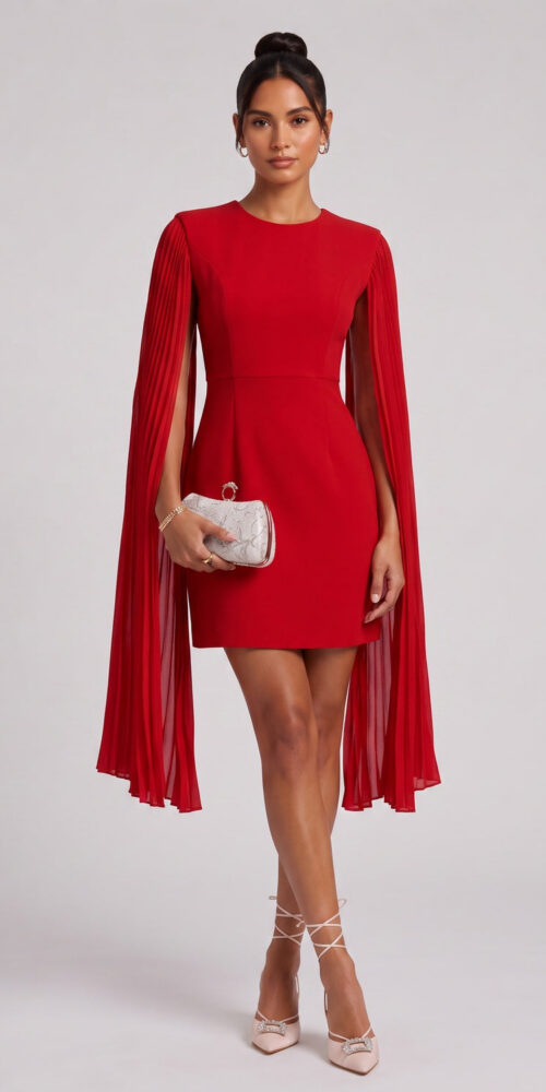 635346a23798d465 RED CREPE SHEATH DRESS CAPE SLEEVES COCKTAIL