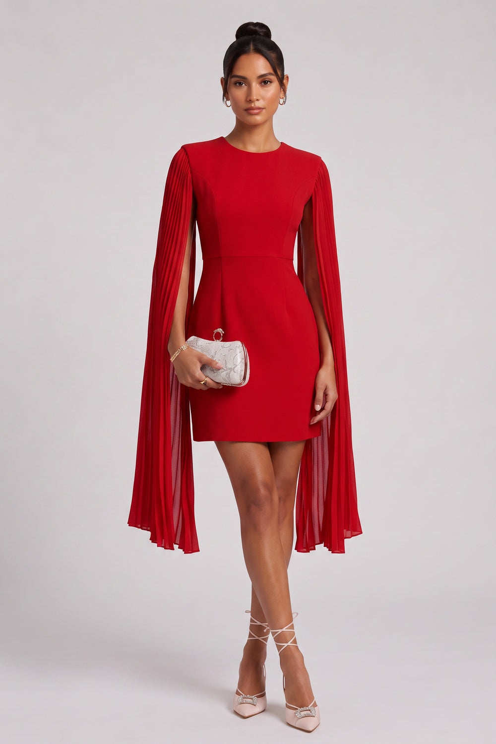 635346a23798d465 RED CREPE SHEATH DRESS CAPE SLEEVES COCKTAIL