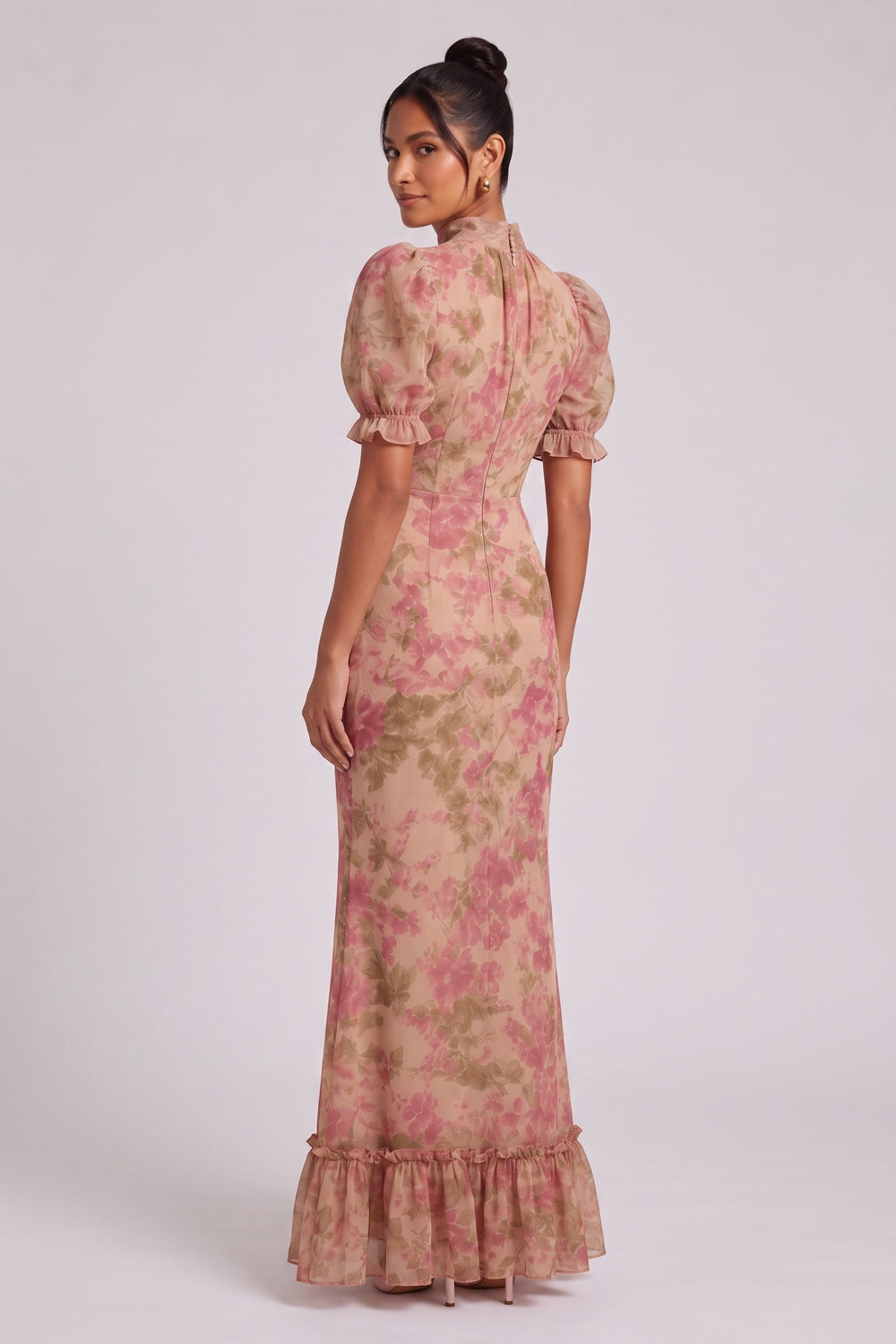 63566195dbf0a56f BEIGE FLORAL CHIFFON MERMAID DRESS | PUFF SLEEVE WEDDING GUEST