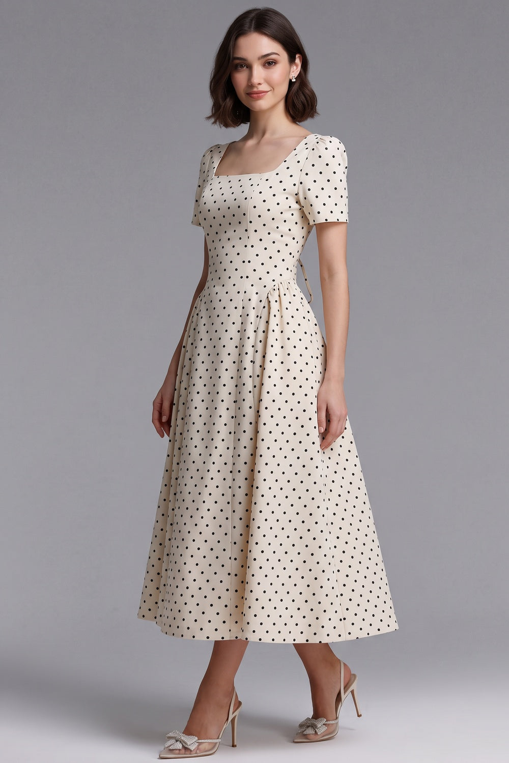 63af3186a918b4a9 CREAM WOVEN COTTON FIT-AND-FLARE DRESS - SPRING