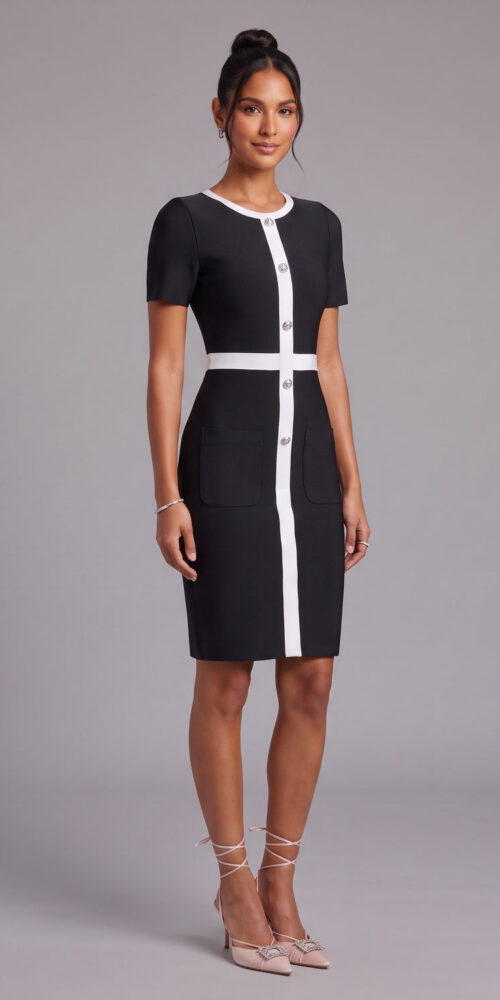 BLACK SHEATH DRESS WHITE PANEL WORK OFFICE