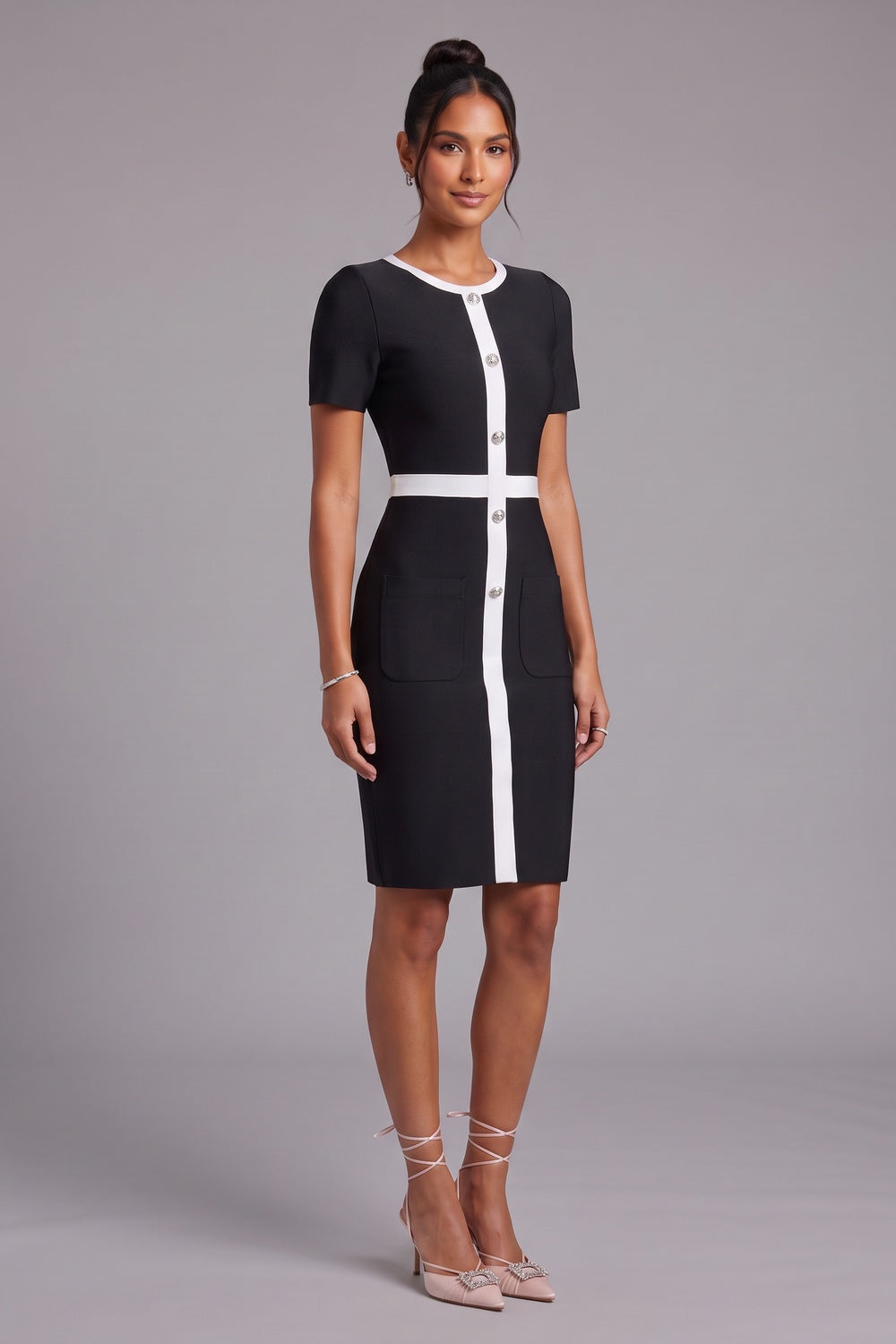 BLACK SHEATH DRESS WHITE PANEL WORK OFFICE