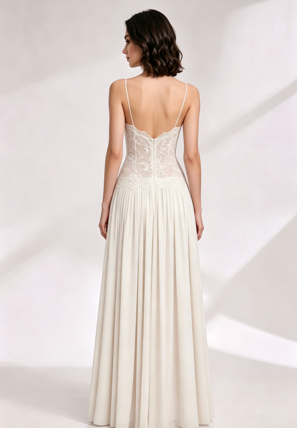 66664df256f10cd3d141f24083dee574 IVORY CHIFFON A-LINE DROP-WAIST WEDDING GOWN
