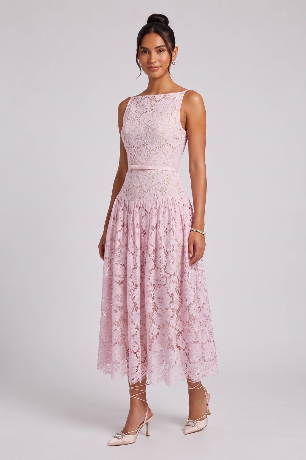 66c98c7f2152eba6 LIGHT PINK FLORAL LACE A-LINE MIDI DRESS