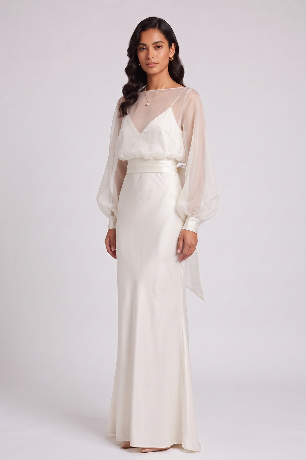 66ce2289bd69287d IVORY SILK SATIN COLUMN GOWN WITH FLARED HEM