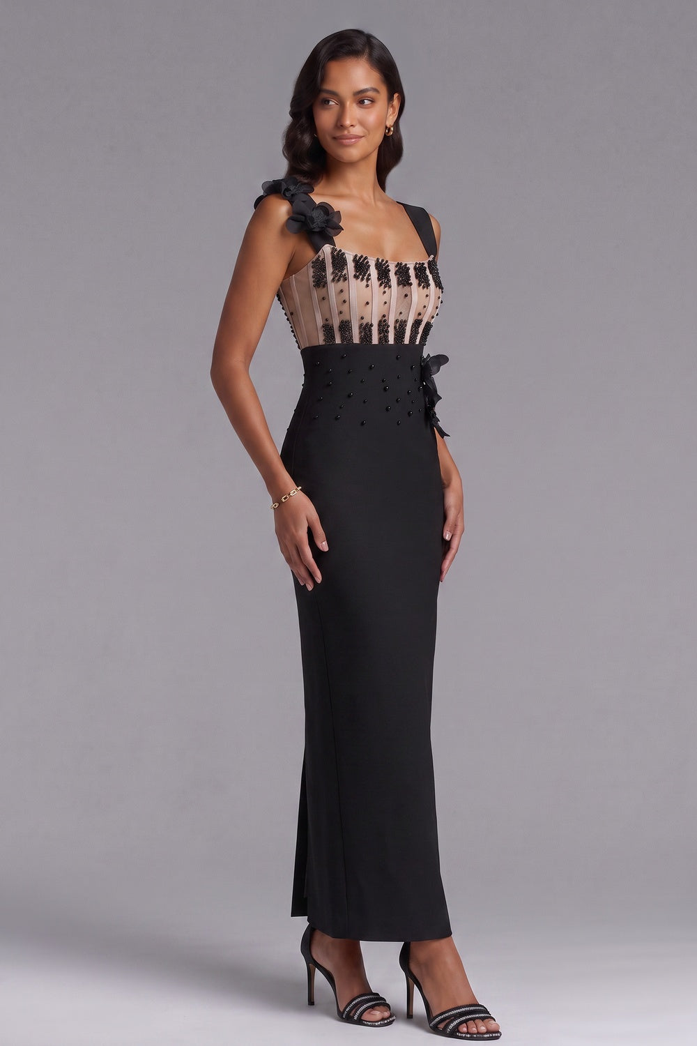 677faeefedb53bcc BLACK CREPE COLUMN EVENING GOWN BEADED FORMAL DRESS