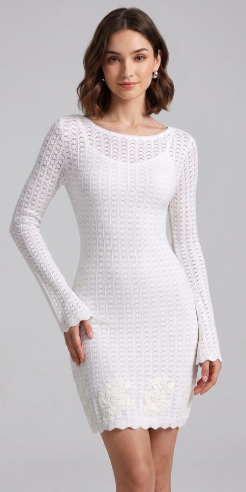 680600a311b72a46 WHITE TEXTURED KNIT BODYCON DRESS - COCKTAIL PARTY