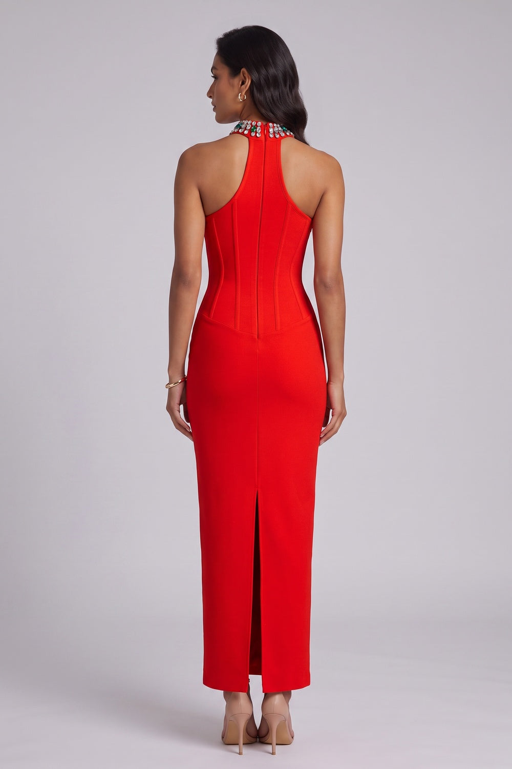 68342866b541afe0 RED HALTER SHEATH DRESS – EMBELLISHED COCKTAIL
