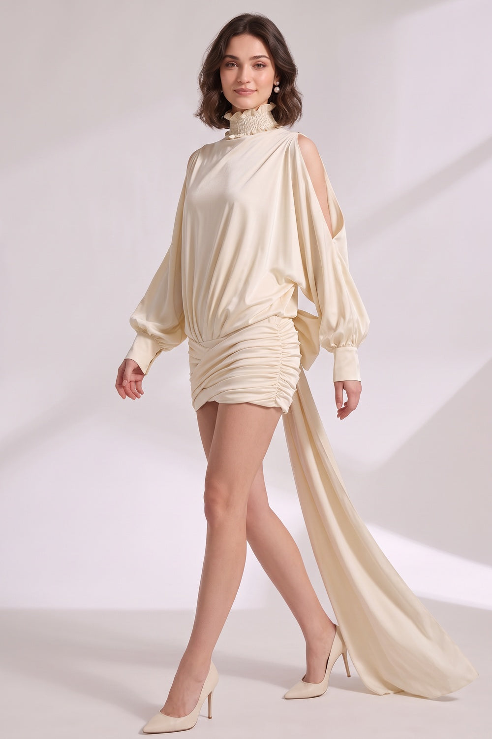 685ee8e71da6d473 CREAM SATIN COWL BACK DRESS | RUCHED BLOUSON SKIRT