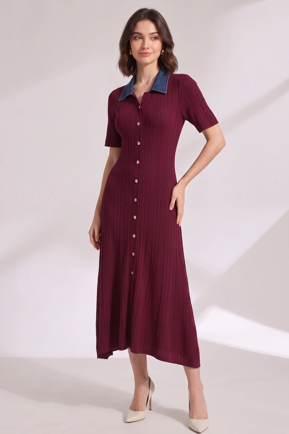 68fc3ebaef1ac3ad BURGUNDY RIBBED KNIT A-LINE DRESS - FALL WEDDING GUEST