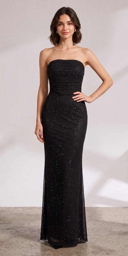 69602fb5d196c8cf BLACK MESH FITTED COLUMN GOWN FORMAL EVENING
