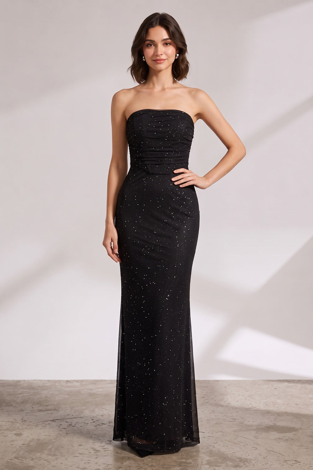 69602fb5d196c8cf BLACK MESH FITTED COLUMN GOWN FORMAL EVENING