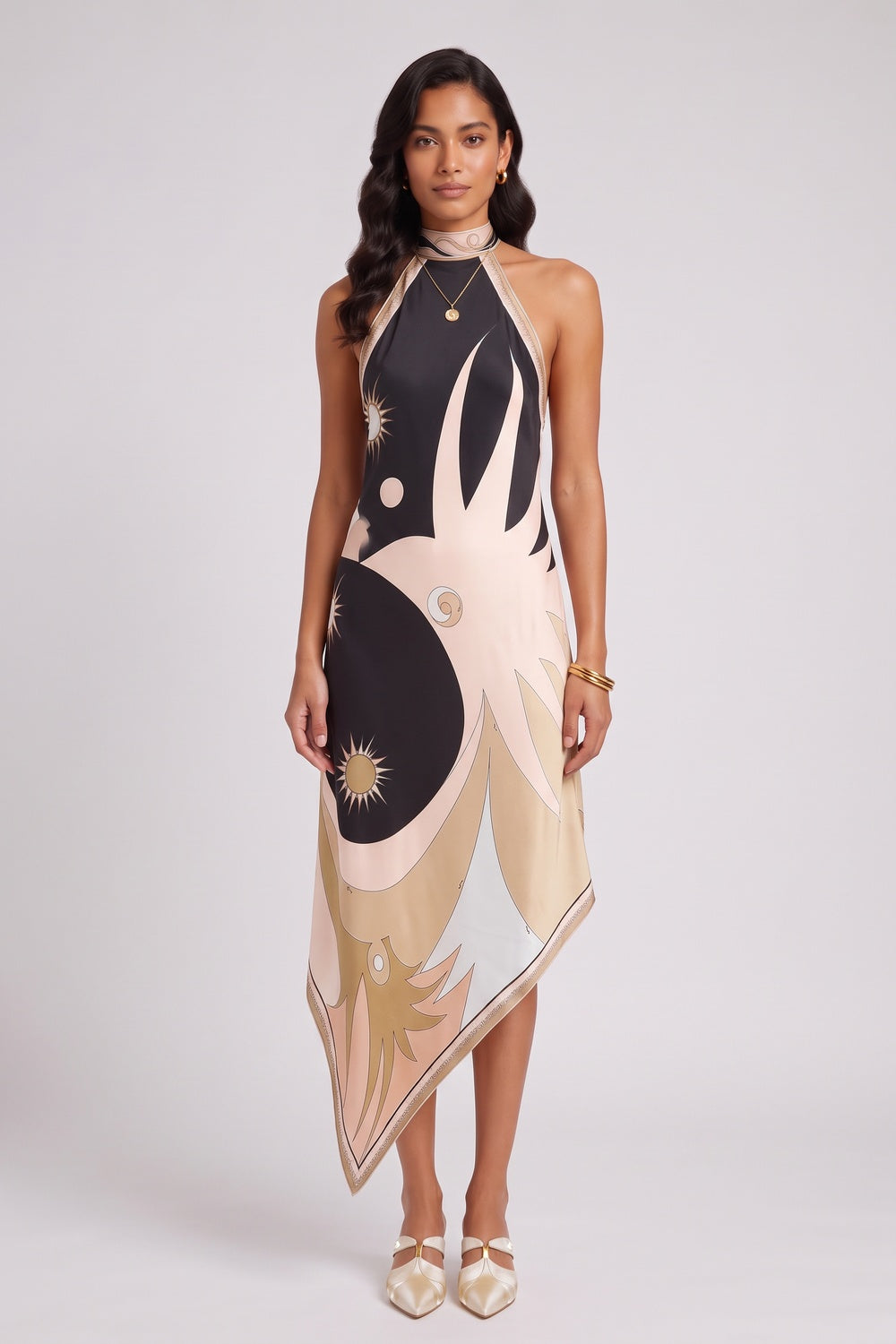 6b3bdbdee2ed0954 BLACK SILK HALTER DRAPED BACKLESS EVENING DRESS