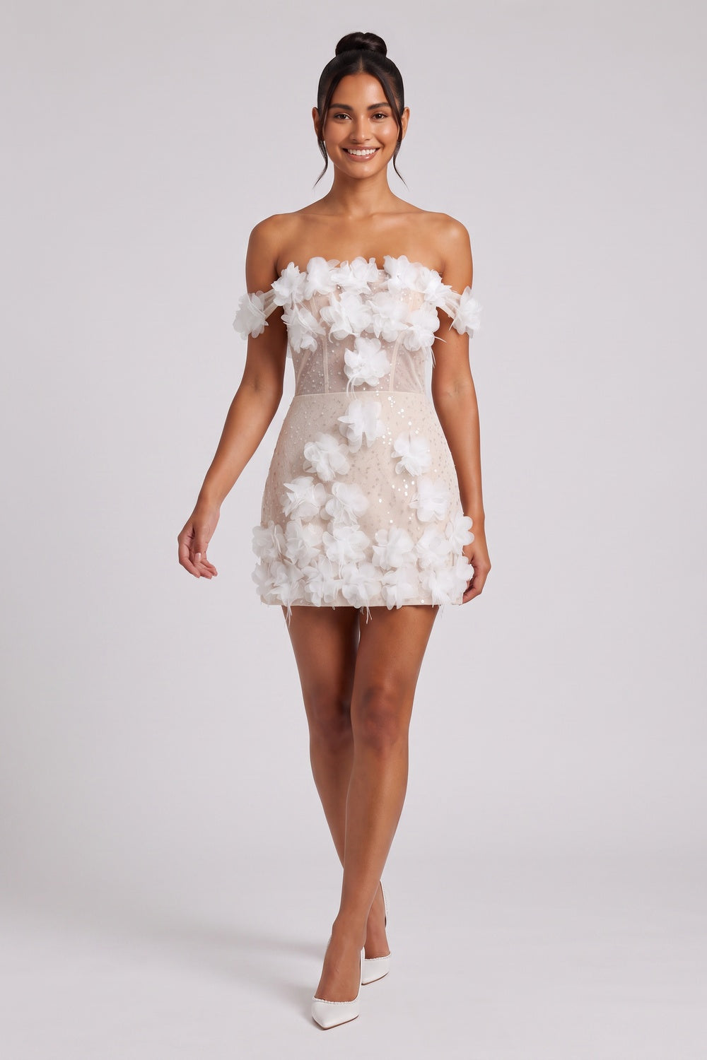6bff888dfb614405 NUDE MESH SHEATH MINI DRESS 3D FLORAL COCKTAIL