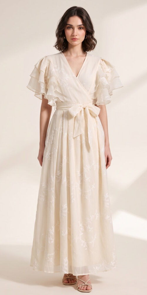 CREAM CHIFFON A-LINE WRAP DRESS – WEDDING GUEST