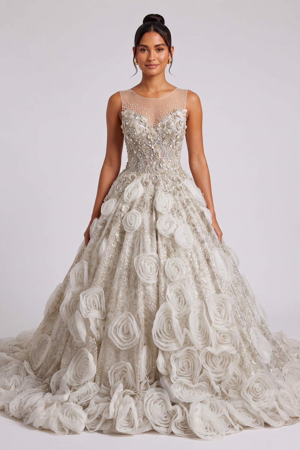 CHAMPAGNE ORGANZA BALLGOWN PROM DRESS 3D FLORAL