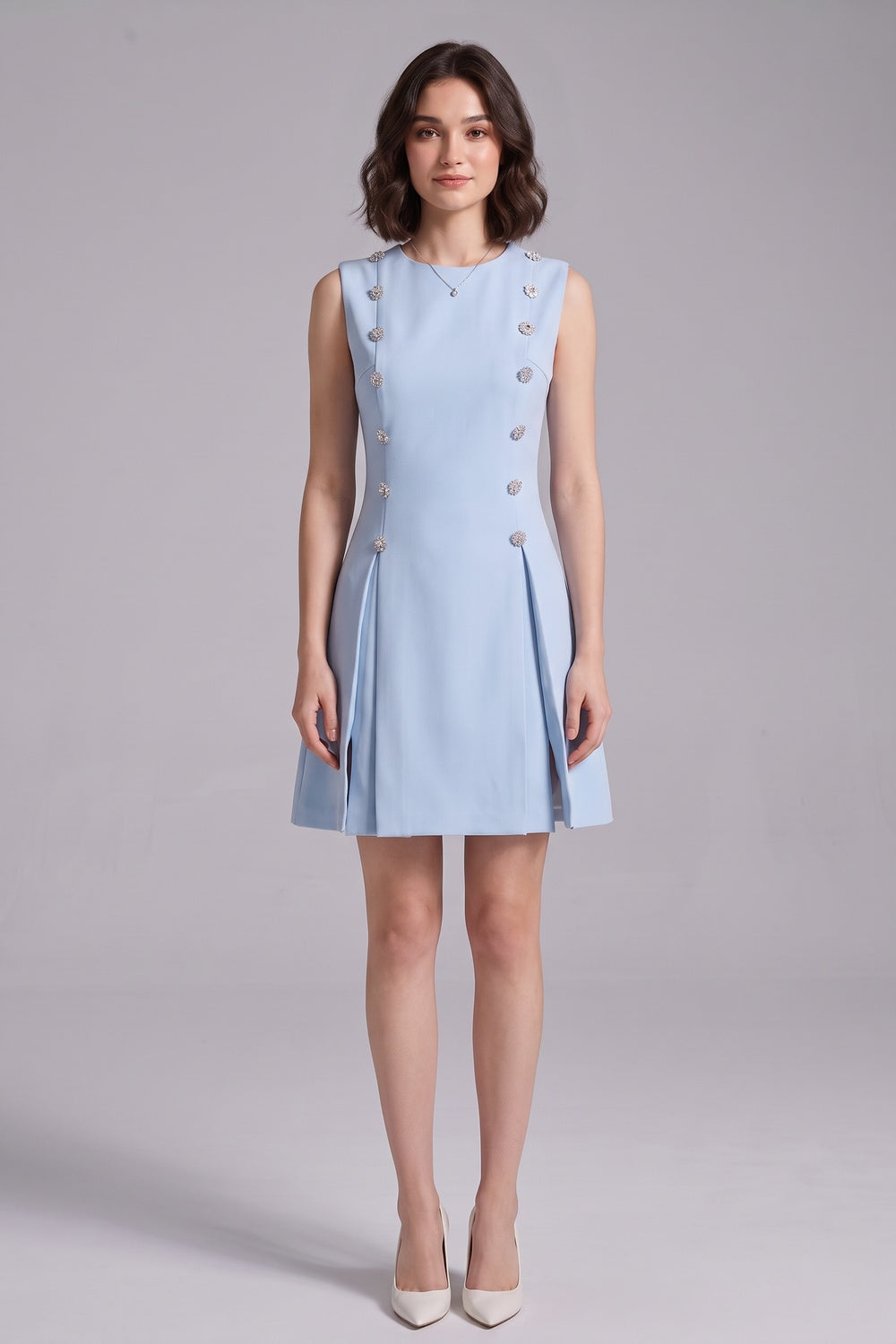 6ea222dd0dd2a0c0 LIGHT BLUE A-LINE SHIFT DRESS – STRUCTURED CREPE
