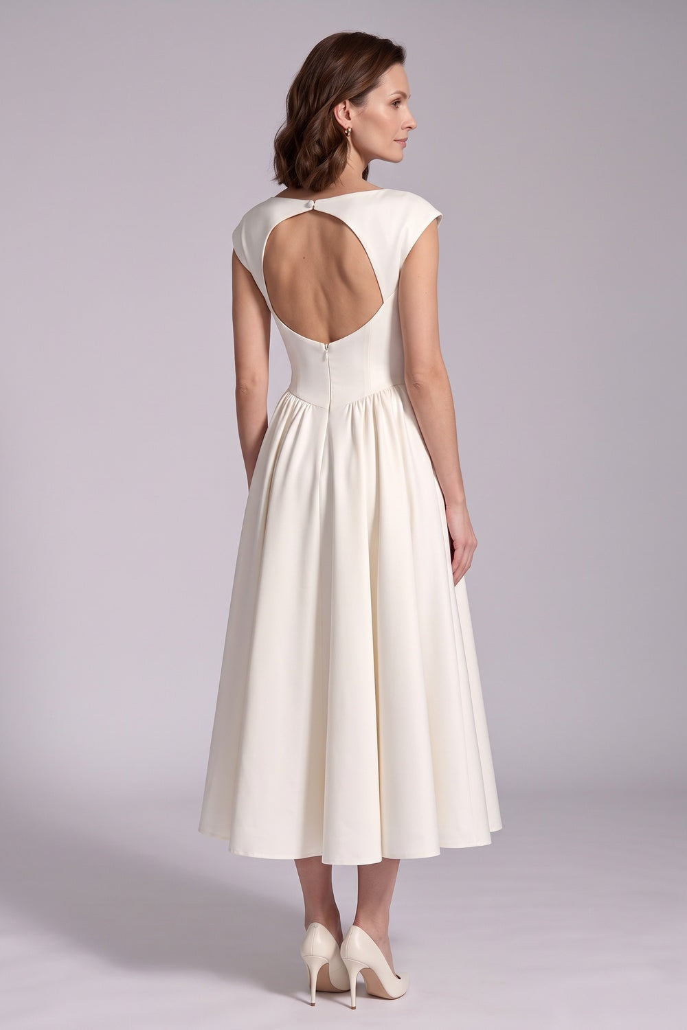 6ec1ac9b0840ec21 IVORY SATIN FIT-AND-FLARE MIDI DRESS – WEDDING GUEST